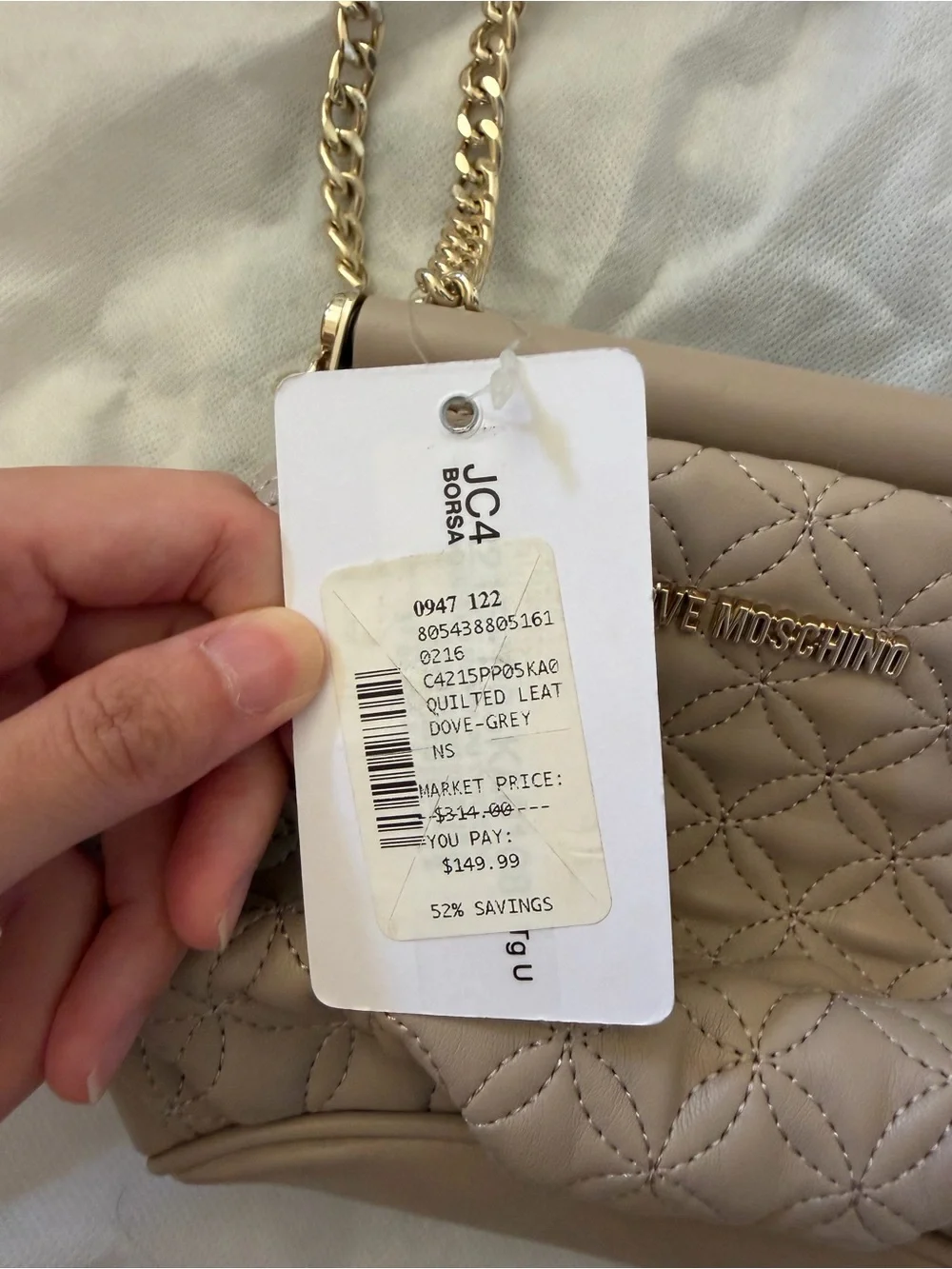 Love Moschino Taupe Quilted Chain-Handle Shoulder Bag with Gold Hardware